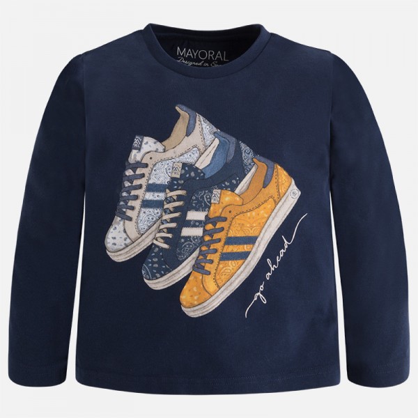 Boys Navy Blue Shoe Print Cotton T-Shirt