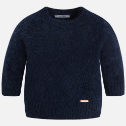 Girl Blue Knitted with Round Neckline and Faux Fur Sweater 