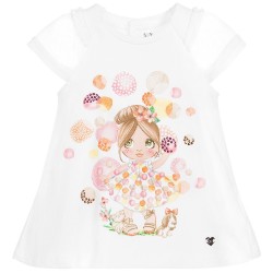 Baby Girls Ivory Dress with Girl Print - Orange -  Baby Girls Ivory Dress with Girl Print - Orange -