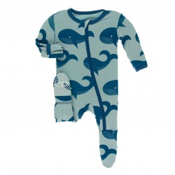 Print Footie with Zipper in Jade Whales