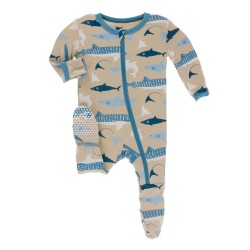 Print Footie with Zipper in Burlap Sharks