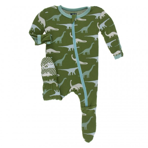 Print Footie with zipper in Moss Sauropods 