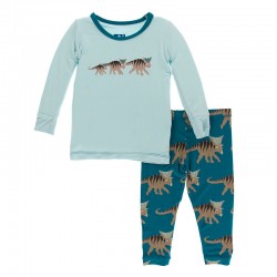 Print Long Sleeve Pajama Set in Heritage Blue Kosmoceratops Family