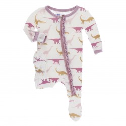 Print Muffin Ruffle Footie with Zipper in Natural Sauropods