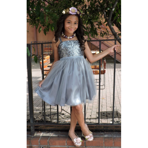 SILVER SEQUIN DRESS W/ TULLE SKIRT