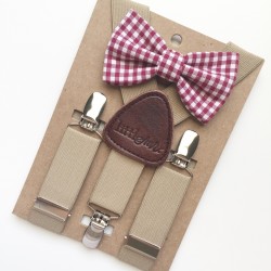 Little Mr. KHAKI SUSPENDERS W/ CRANBERRY GINGHAM BOW TIE 